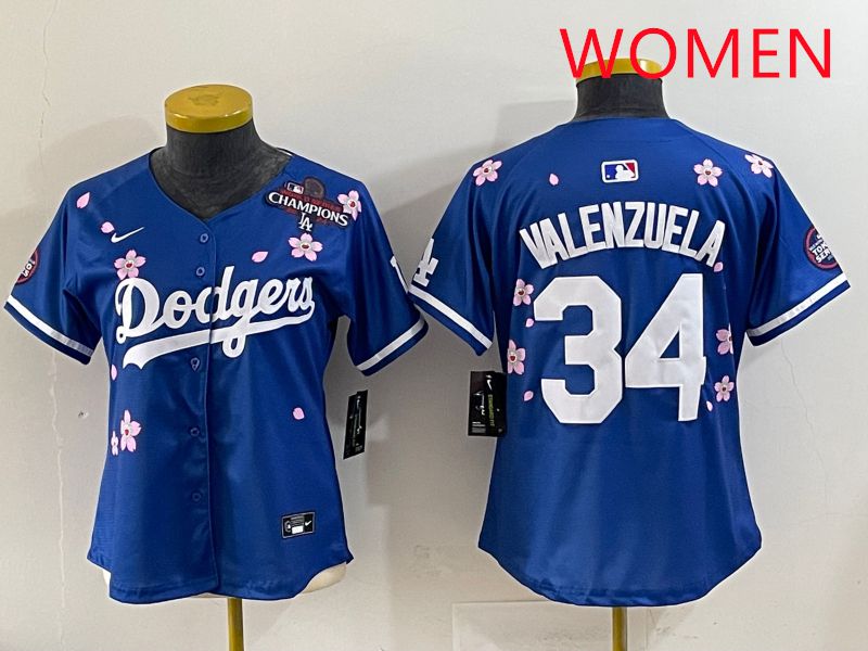 Women Los Angeles Dodgers #34 Valenzuela Blue Sakura Edition 2025 Nike MLB Jersey style 35